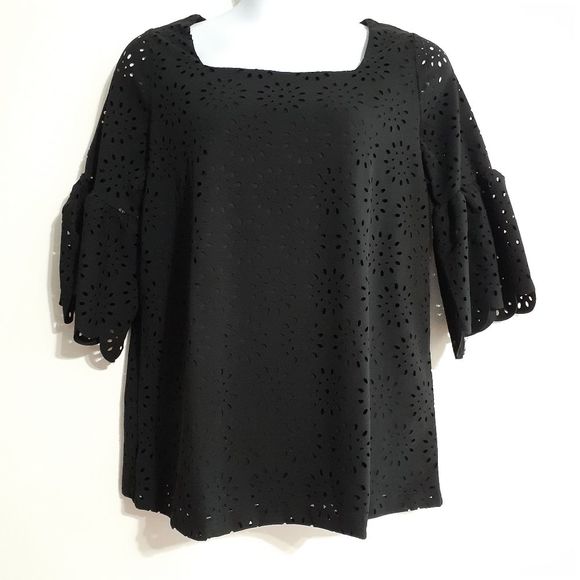 Jessica London Black Bell Sleeve Tunic Top w/Floral Cut Out Overlay 12 NWOT NEW - Picture 2 of 14